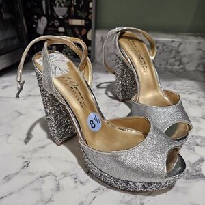 Mishka Silver Glitter Peep-Toe PLATFORM Heels 8.5